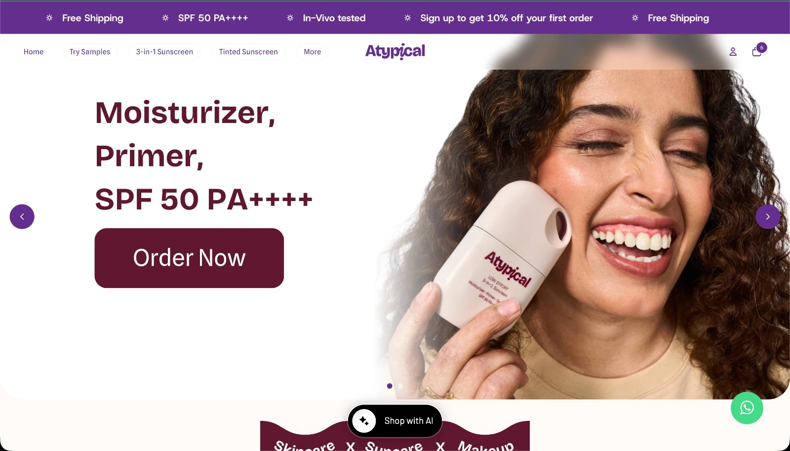Atypiical skincare ecommerce website designed and developed by VRTechie IT Solutions